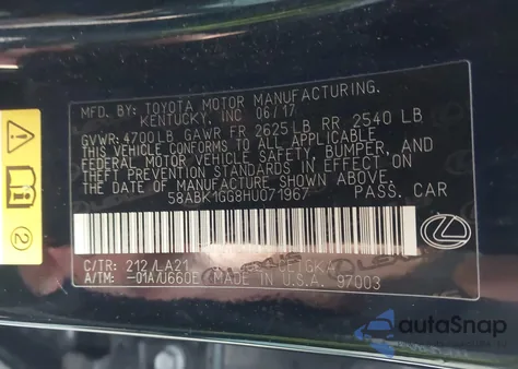 2017 Lexus Es 350 from USA, damaged, VIN 58ABK1GG8HU071967
